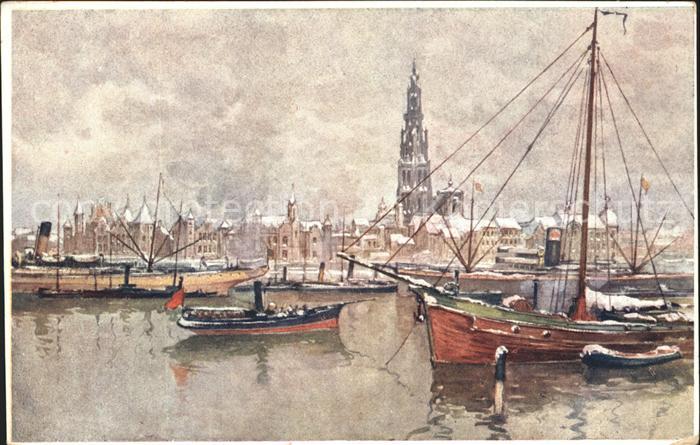 Antwerpen Anvers De Schelde Schiffe Kirche Aquarell Küns