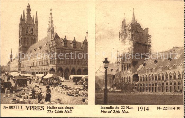 Ypern Ypres Halles aux draps Incendie Novembre 1914