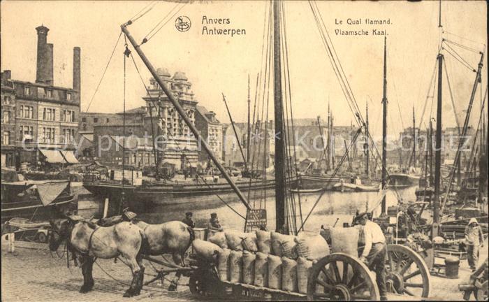 Anvers Antwerpen Quai flamand Bateaux Pferdefuhrwerk