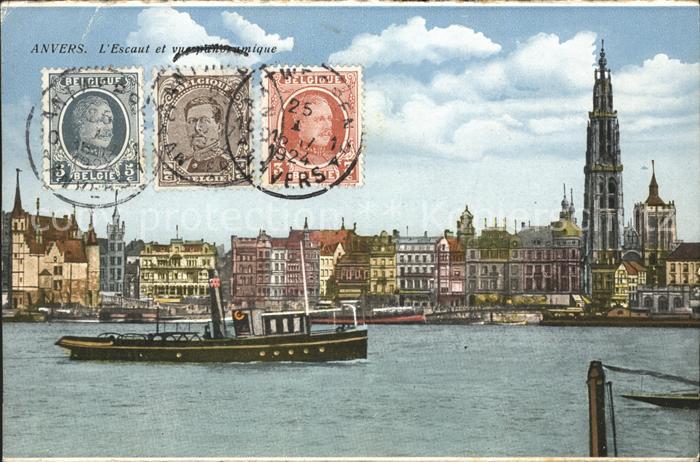Anvers Antwerpen Escaut et vue panoramique Bateau Eglise