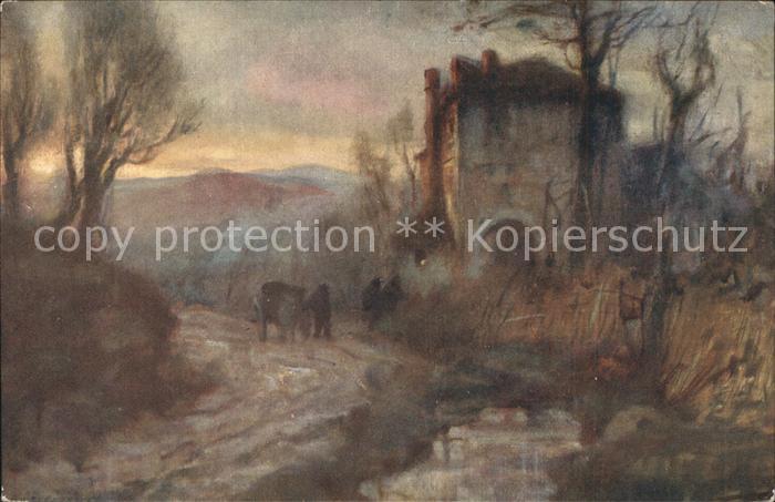Kuenstlerkarte November-Abend Haus Bäume Menschen V. A