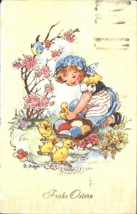 Ostern Easter Paques Kind Küken Blaumeise Osternest Blumen