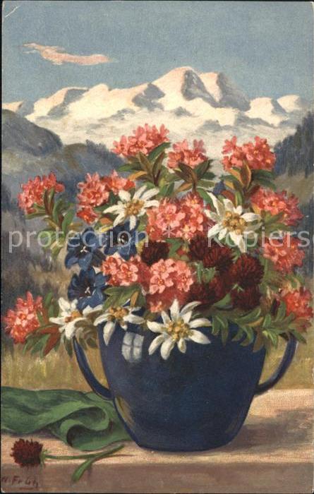 Frueh W. Alpenrosen Edelweiß Enzian Vase