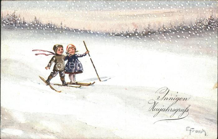 Skifahren Kinder Künstlerkarte E. Frank Neujahr