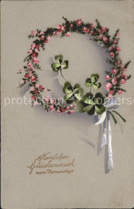 Namenstag Namenskarte Glueckwunsch Kleeblaetter Blumenkranz