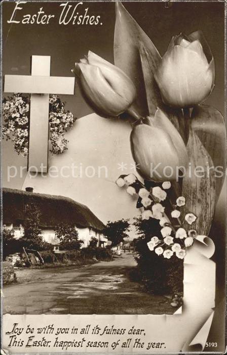 Ostern Easter Paques Tulpen Maiglöckchen Kreuz Spruch