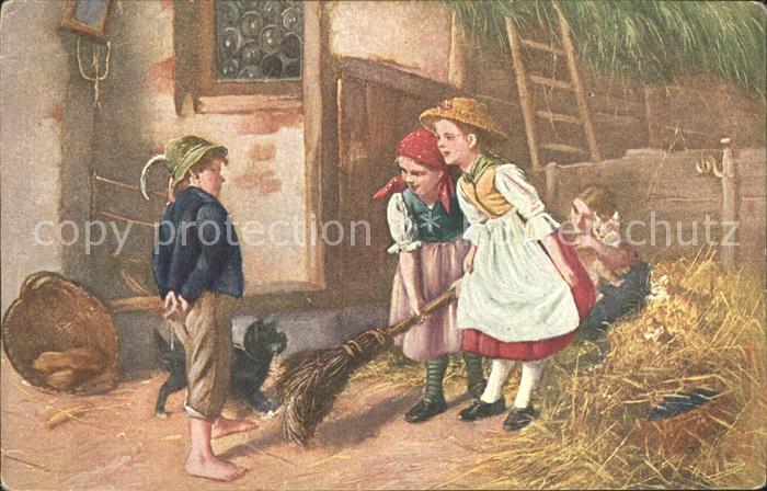 Kuenstlerkarte W. Schuetze Kriegserklaerung Kinder Hund Stall Heu Katzen