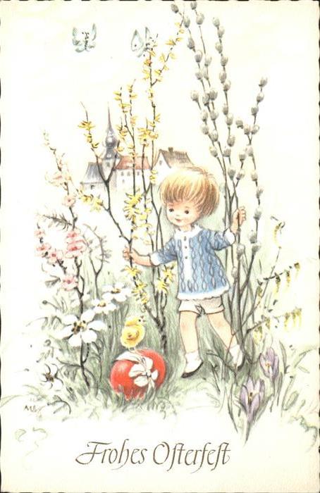 Ostern Easter Paques Forsythie Weidenkätzchen Küken Schmette