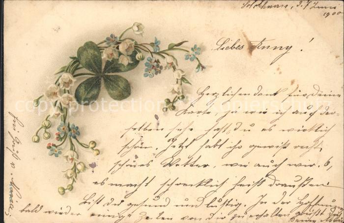 Kleeblatt Cloverleaf Trebol Trefle Maiglöckchen Vergissmeinnicht Litho