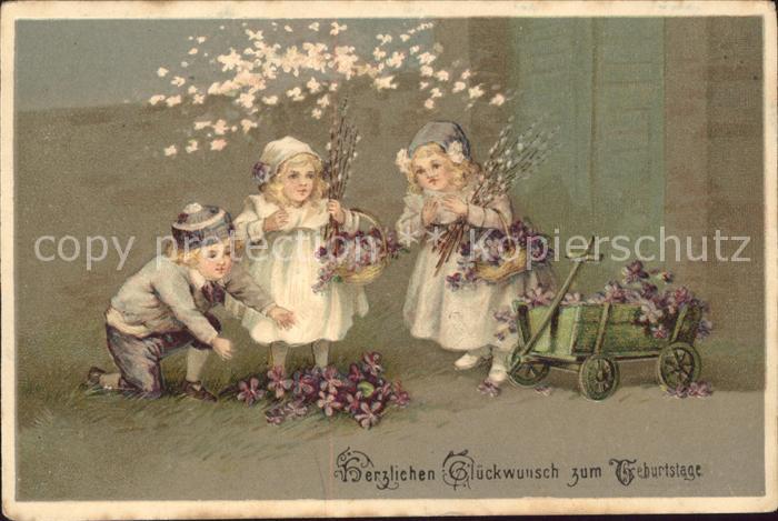 Kinder Child Enfants Veilchen Weidenkätzchen Holzkarre Gebur