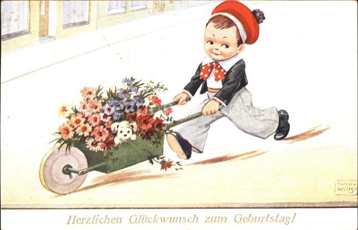 Kinder Child Enfants Geburtstag Schubkarre Blumen Hund Kuenstlerkarte John Wills
