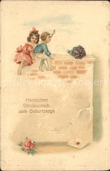Kinder Child Enfants Geburtstag Mauer Rosen Veilchen Brief Litho