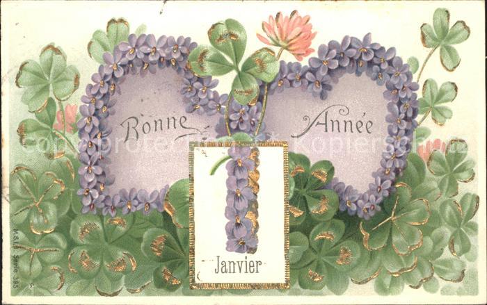 Datumskarte 1 Janvier Kleeblaetter Veilchen Herze