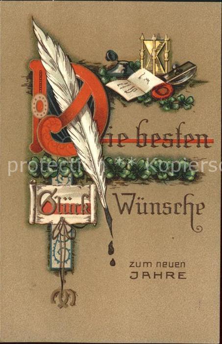 Neujahr Feder Tinte Sanduhr Kleeblätter