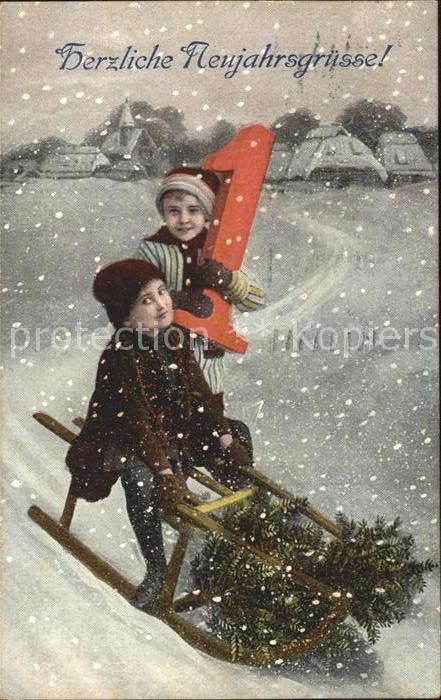 Schlitten Schnee Datumskarte Neujahr Kinder