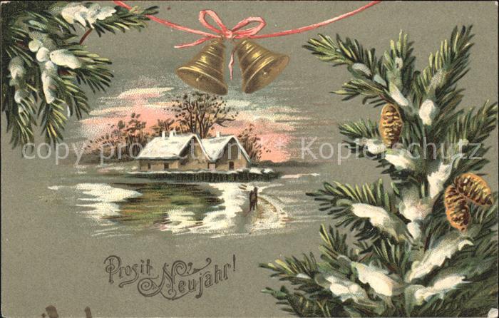 Kirchenglocke Churchbell Cloche Eglise Neujahr Tannenzapfen Litho