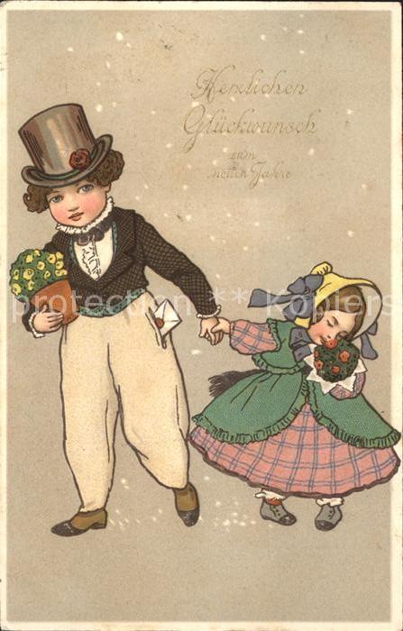 Kinder Child Enfants Hutmode Neujahr Blumen Zylinder