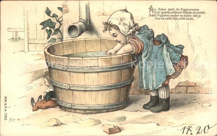 Puppe Doll Poupee Kinderspielzeug Kind Mädchen Holzwanne Wäsche Litho