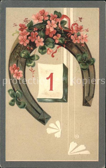 Hufeisen Datumskarte 1. Januar Blumen Kleeblätte