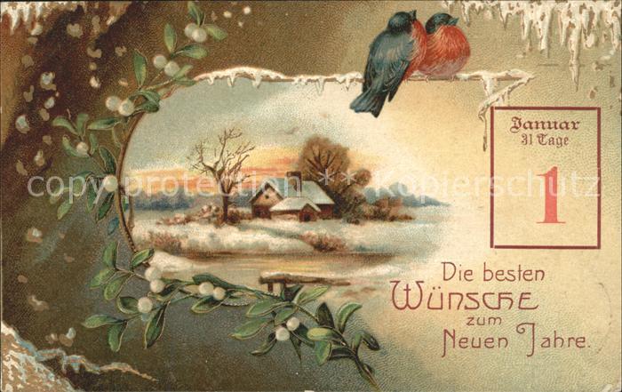 Datumskarte 1. Januar Neujahr Vögel Mistel Litho