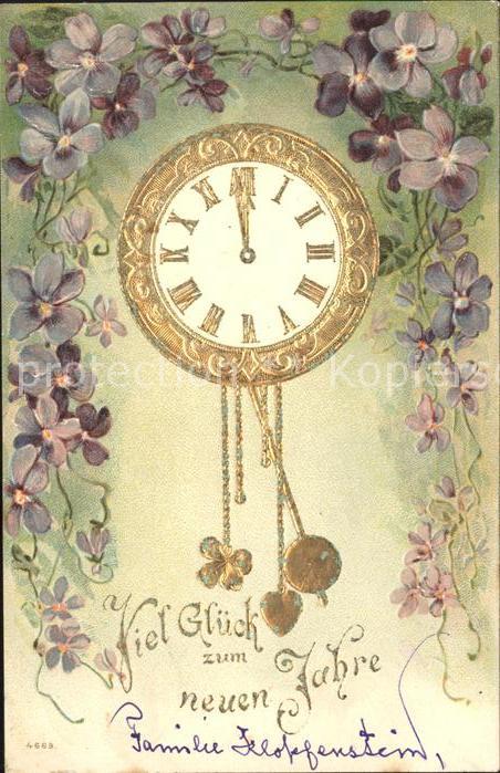 Uhren Veilchen Neujahr Litho