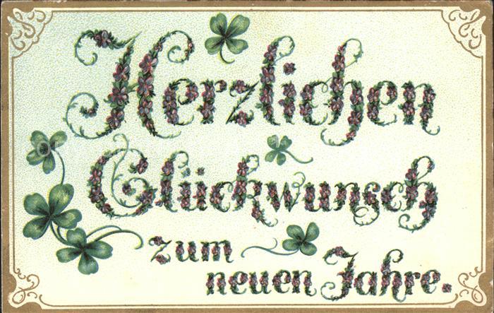Neujahr Glückwunsch Blumen Kleeblätter Litho