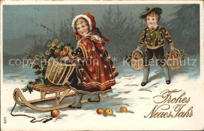 Schlitten Schnee Kinder Neujahr Äpfel Stechpalmen