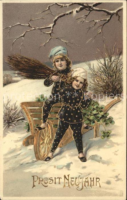 Kinder Child Enfants Schubkarre Zipfelmuetzen Kleeblaetter Neujahr