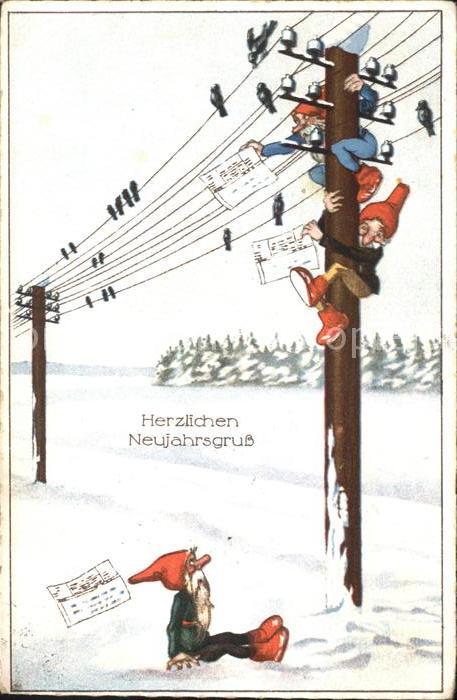 Zwerge Dwarfs Nains Strommast Neujahr Vögel