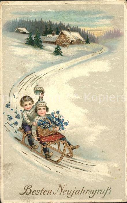 Schlitten Schnee Kinder Blumen Neujahr Litho