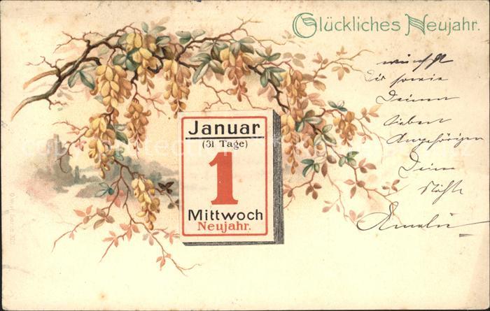 Datumskarte 1. Januar Neujahr Litho