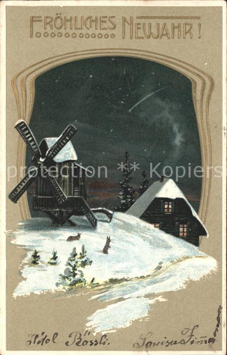 Neujahr Windmühle Litho Hasen