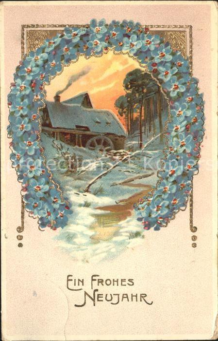 Wassermuehle Neujahr Hufeisen Vergissmeinnicht Litho