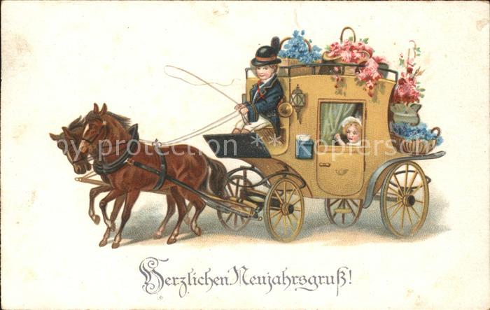 Pferdekutschen Pferde Blumen Kinder Neujahr Litho
