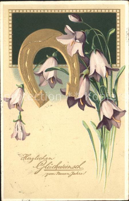 Hufeisen Glockenblumen Neujahr Litho