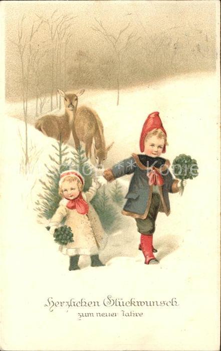 Kinder Child Enfants Rehe Kleeblaetter Neujahr Litho