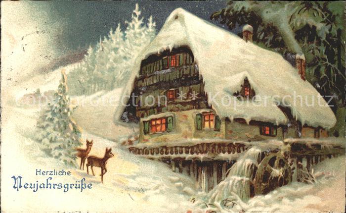 Wassermuehle Neujahr Rehe Litho