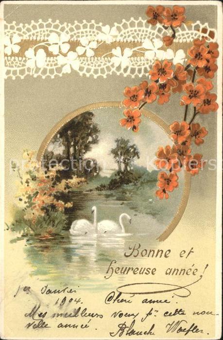 Neujahr Schwäne Blumen Litho Kleeblätter