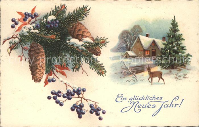 Tannenzapfen Neujahr Hirsch Litho