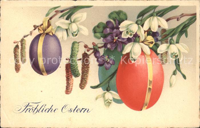 Ostern Easter Paques Ostereier Schneegloeckchen Veilchen Weidenkaetzchen Litho