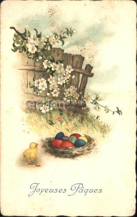 Ostern Easter Paques Küken Ostereier Blumen Litho