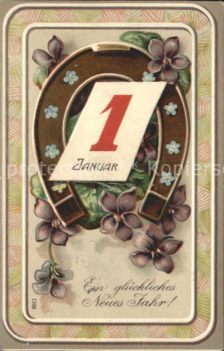 Datumskarte 1. Januar Neujahr Hufeisen Veilchen