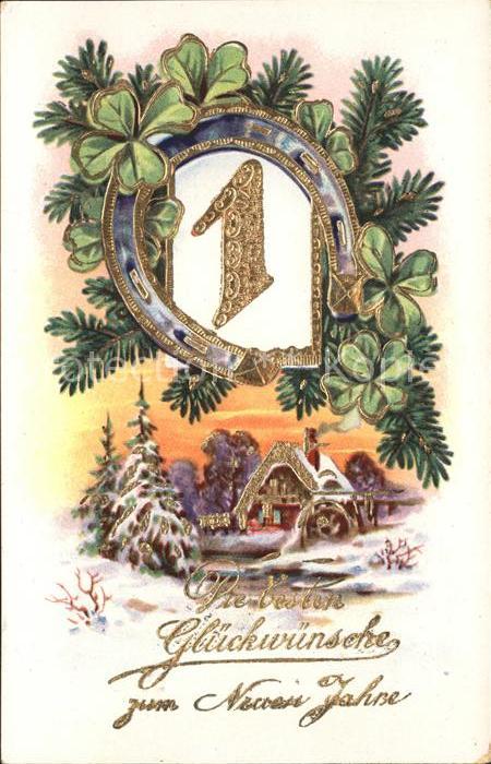 Datumskarte 1. Januar Neujahr Hufeisen Kleeblätter