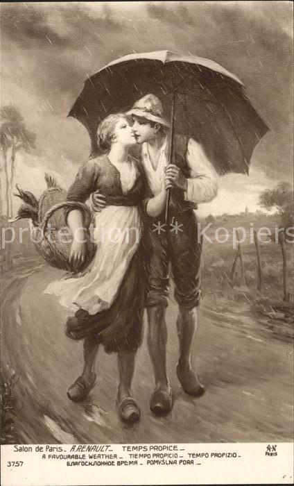 Verlag Salon de Paris Nr. 3757 A. Renault Temps propice Paar Kuss Schirm Regen