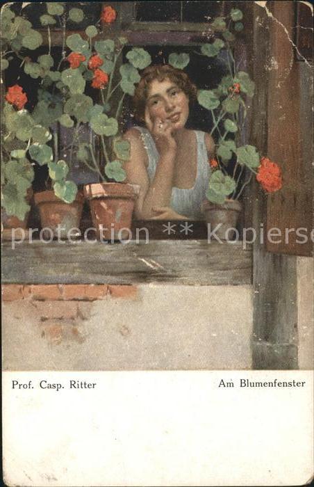 Kuenstlerkarte Prof. Casp. Ritter Am Blumenfenster Fra