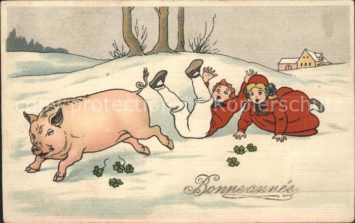 Schweine Kinder Neujahr Kleeblätter