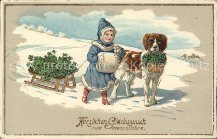 Bernhardiner Schlitten Kind Muff Neujahr Kleeblätter