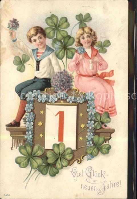 Neujahr Datumskarte Kinder Kleeblätter Vergissm