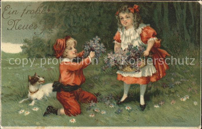 Kinder Child Enfants Hund Neujahr Blumen