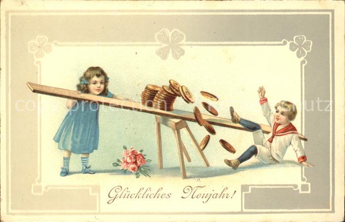 Kinder Child Enfants Wippe Muenzen Neujahr Rosen Litho